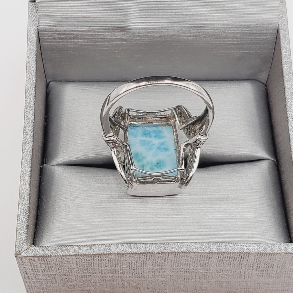 925 Sterling Silver Genuine Rectangle Blue Larimar Statement Ring - Picture 3 of 9